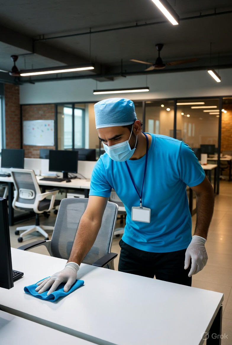 Team cleaning an office